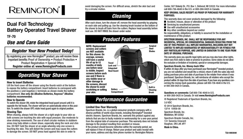 Remington Travel TF70 Use and care guide