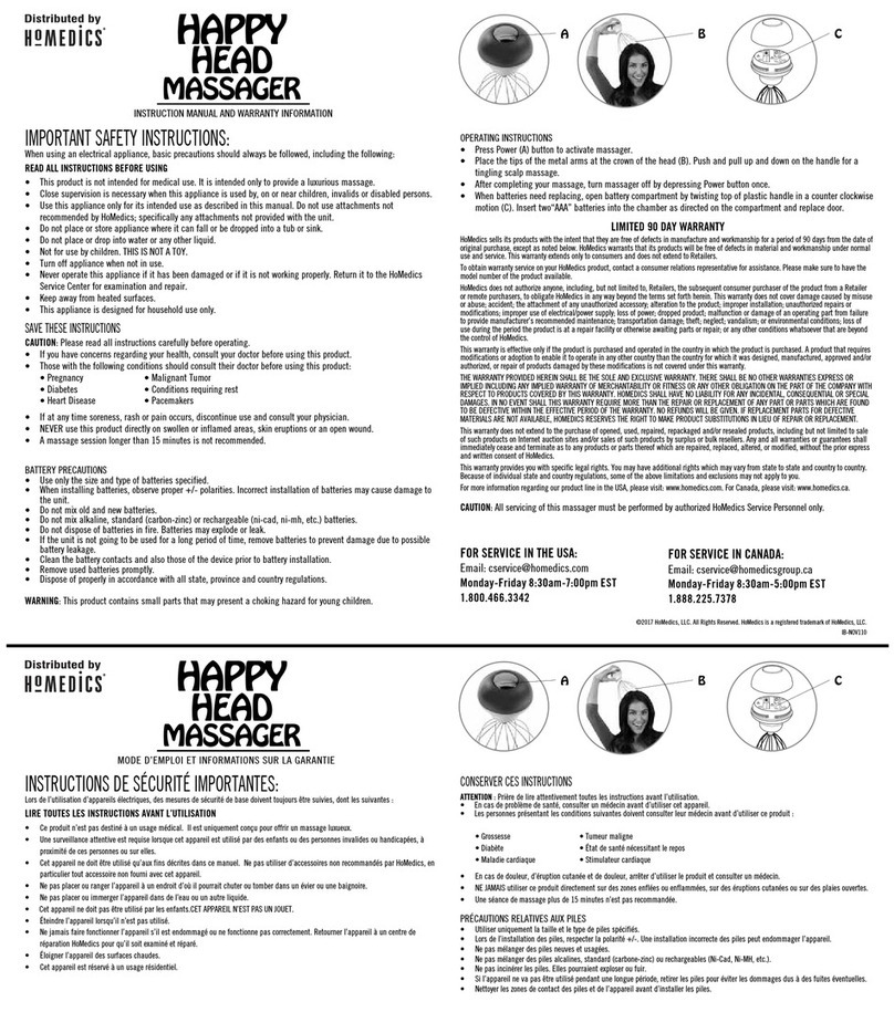 HoMedics HAPPY HEAD MASSAGER Instruction manual and  warranty information