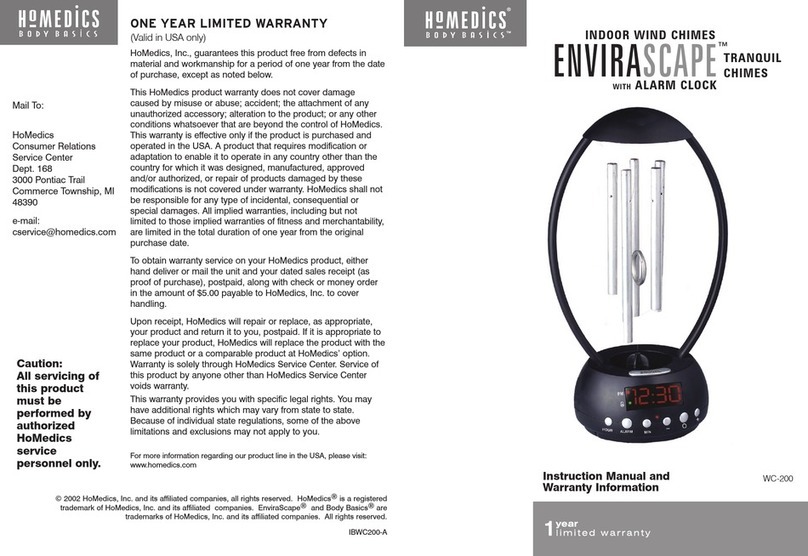 HoMedics ENVIRASCAPE TRANQUIL CHIMES WC-200 Instruction manual and  warranty information