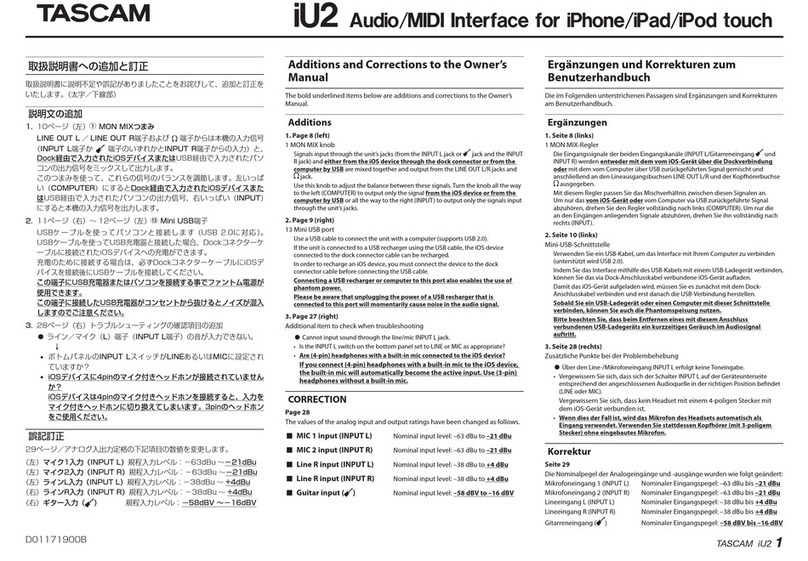 Tascam iU2 Additions and Corrections to the Owner's Manual