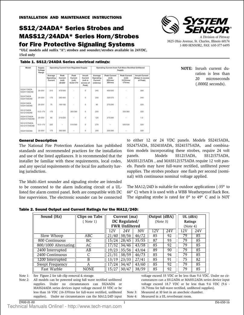 System Sensor SS12/24ADA Series Installation and maintenance instructions System Sensor SS12/24ADA Series Installation and maintenance instructions