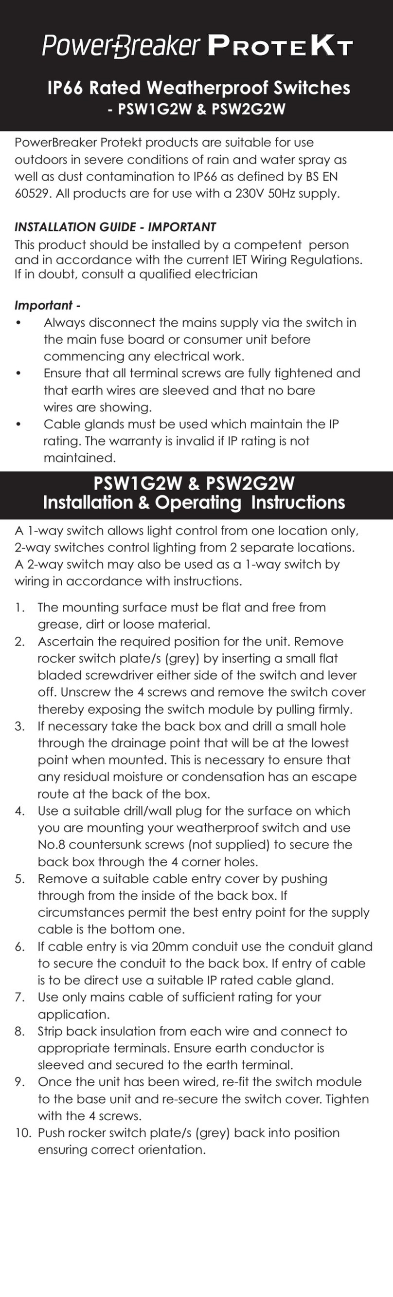 Green Brook PowerBreaker ProteKt PSW1G2W Installation & operating instructions