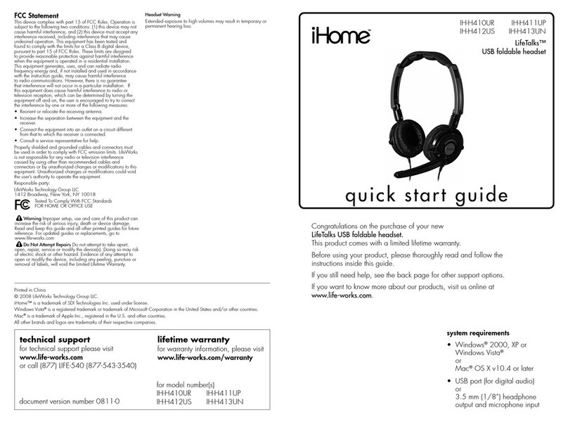 iHome LifeTalks IH-H410UR quick start guide