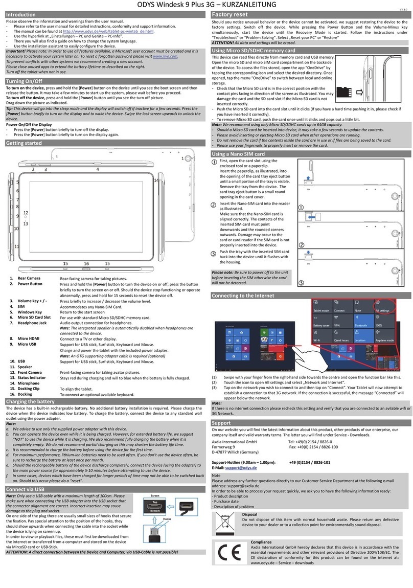 Odys Windesk 9 Plus 3G quick start guide