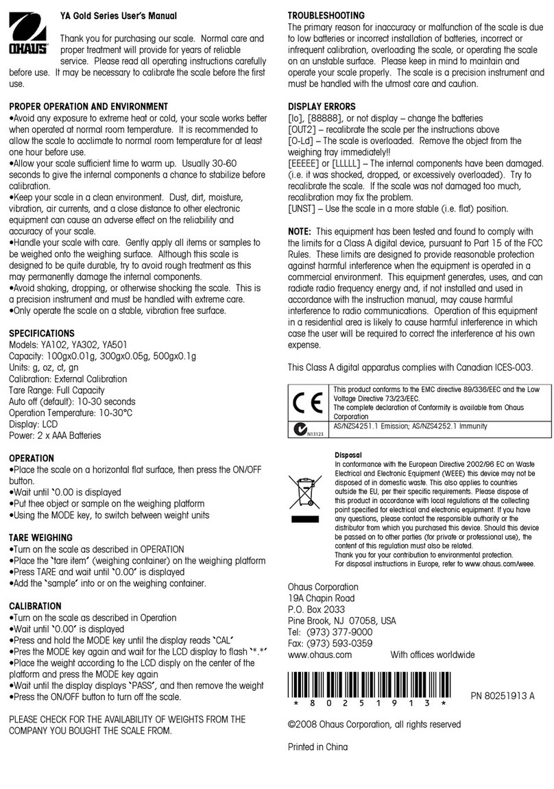 OHAUS YA102 Gold user manual