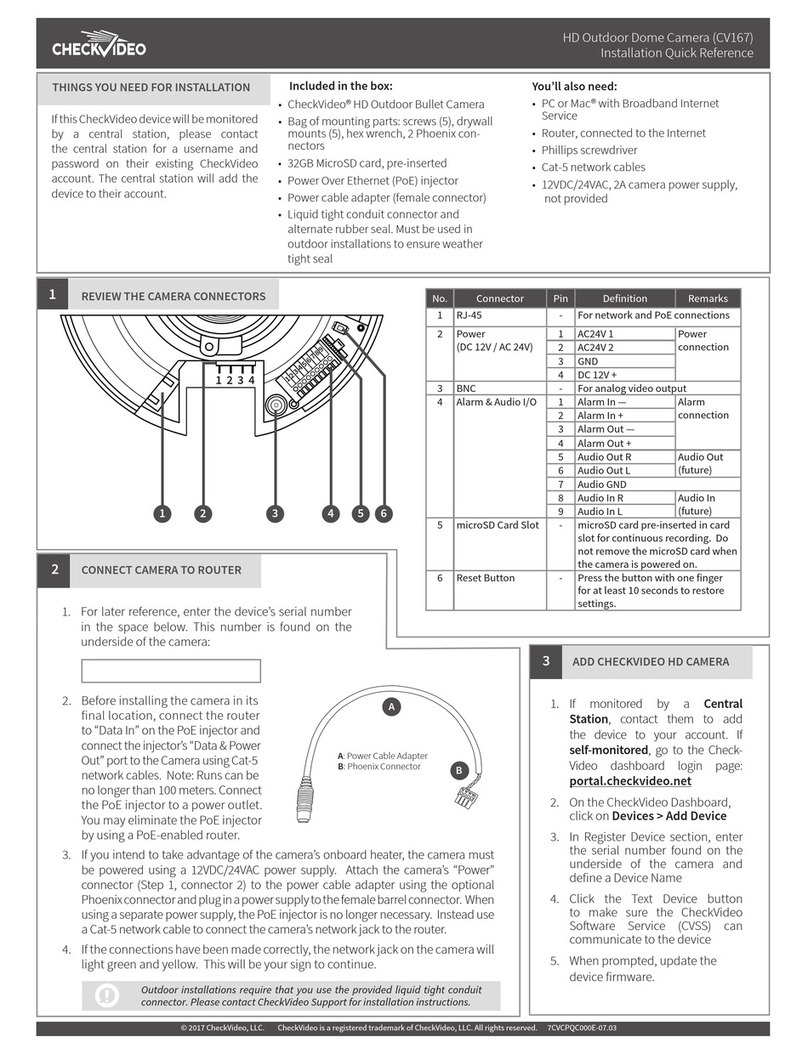 CheckVideo CV167 Installation quick reference