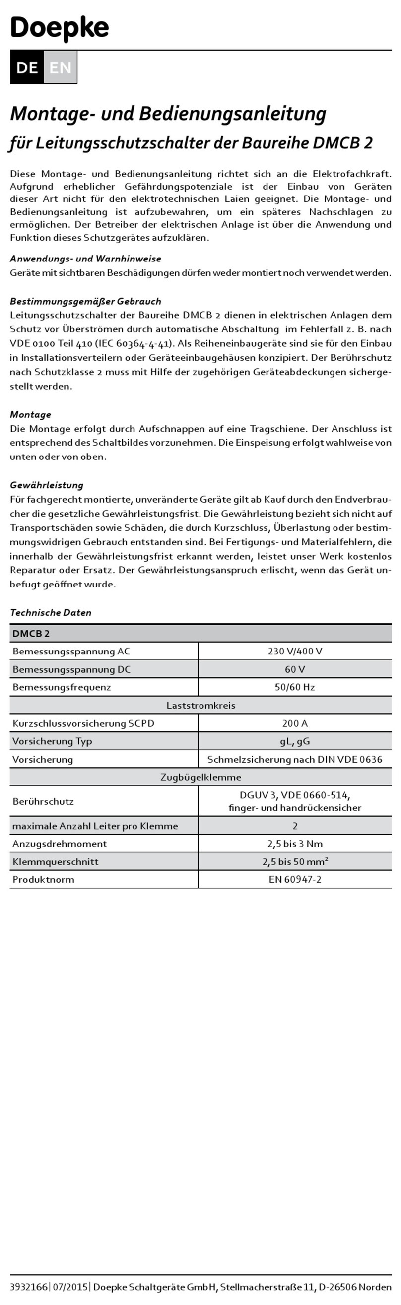 Doepke DMCB 2 Series Installation and operating instructions