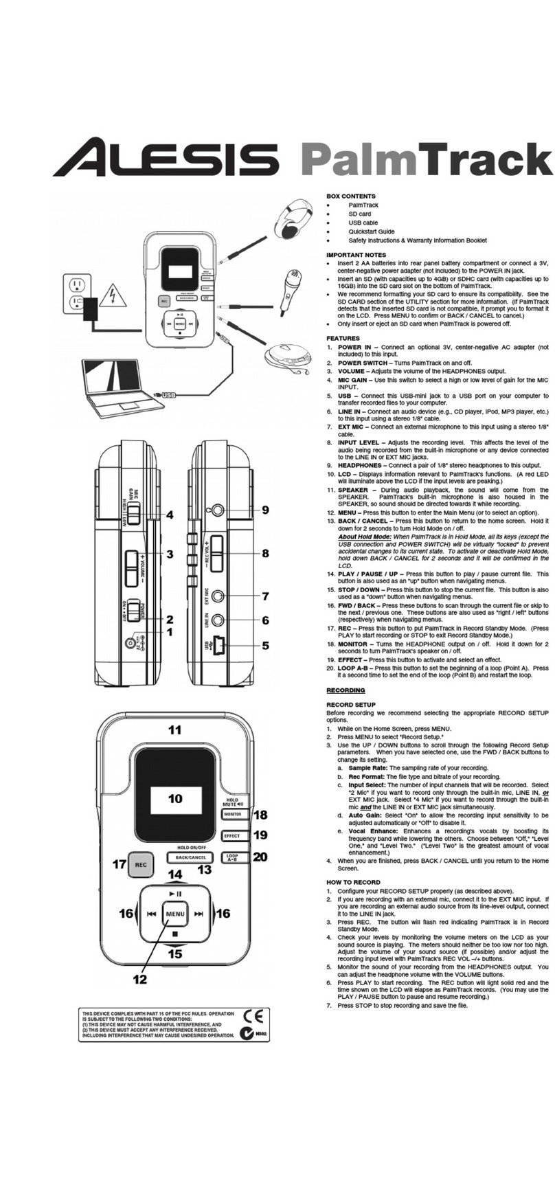 Alesis PalmTrack quick start guide
