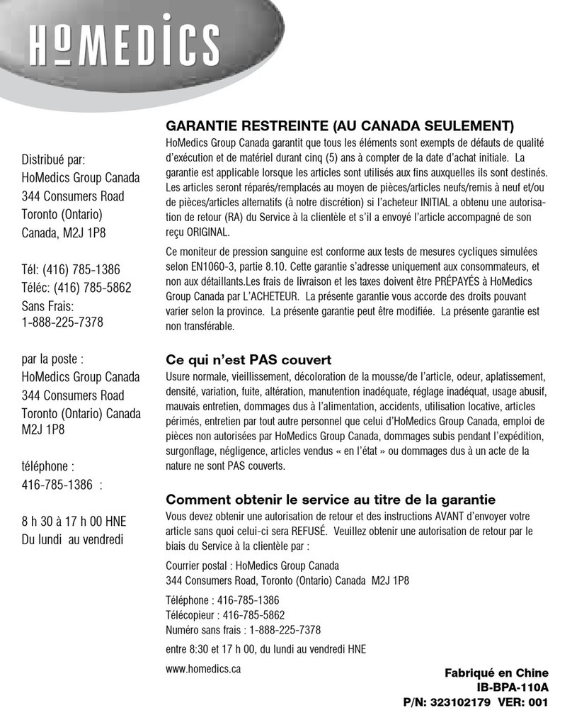 HoMedics BP-A11-02CA Instruction manual and  warranty information
