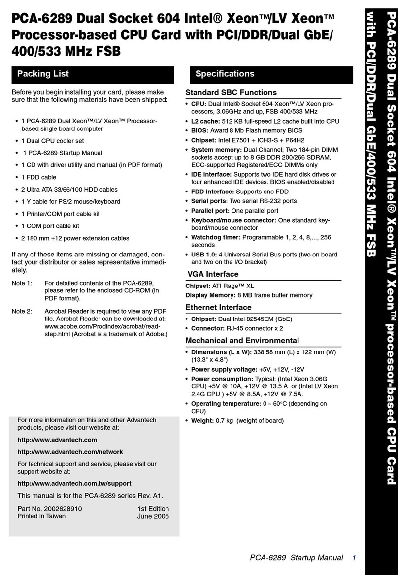 Advantech PCA-6289 Installation and operation manual