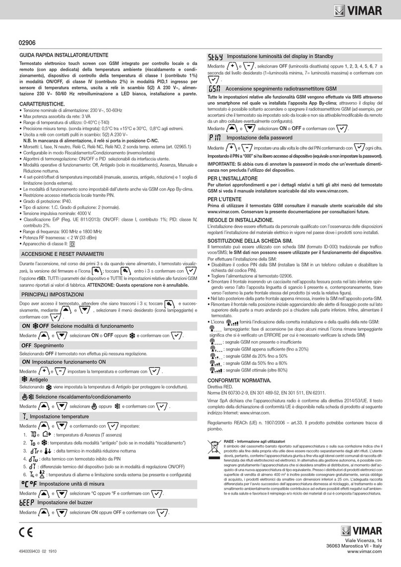 Vimar 2906 Installer/User Quick Guide