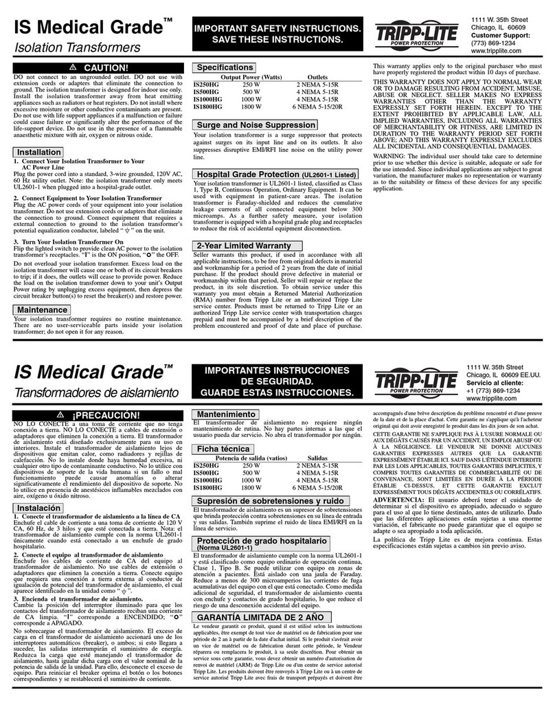 Tripp Lite IS Medical Grade IS250HG Important safety instructions Tripp Lite IS Medical Grade IS250HG Important safety instructions