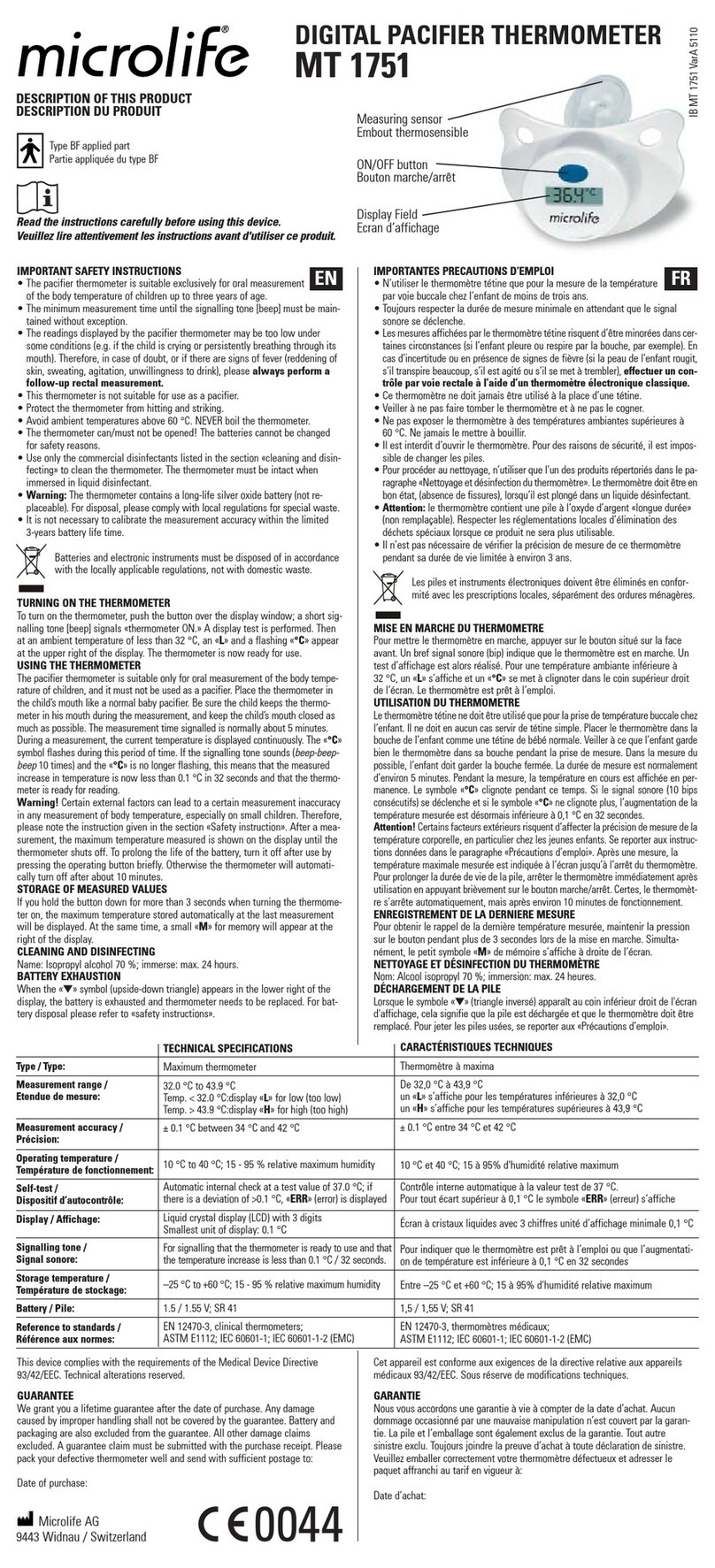 Microlife MT 1751 Operating and installation instructions