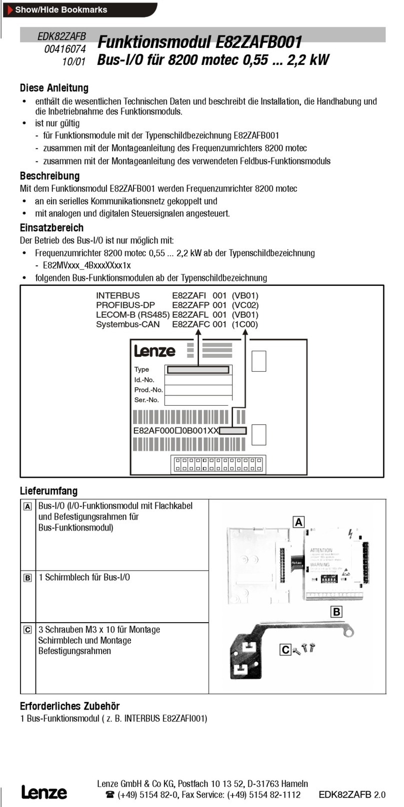 Lenze E82ZMFB001 instructions