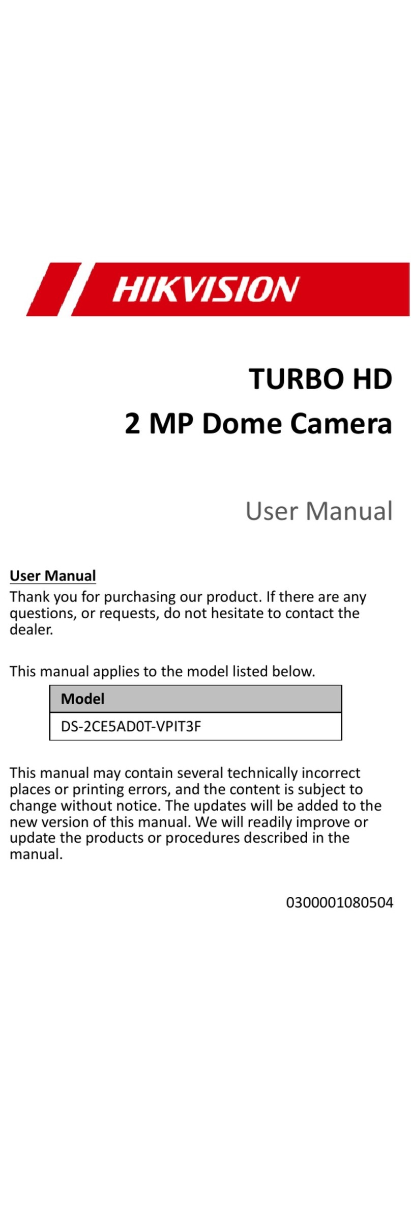 HIK VISION TURBO HD DS-2CE5AD0T-VPIT3F User manual