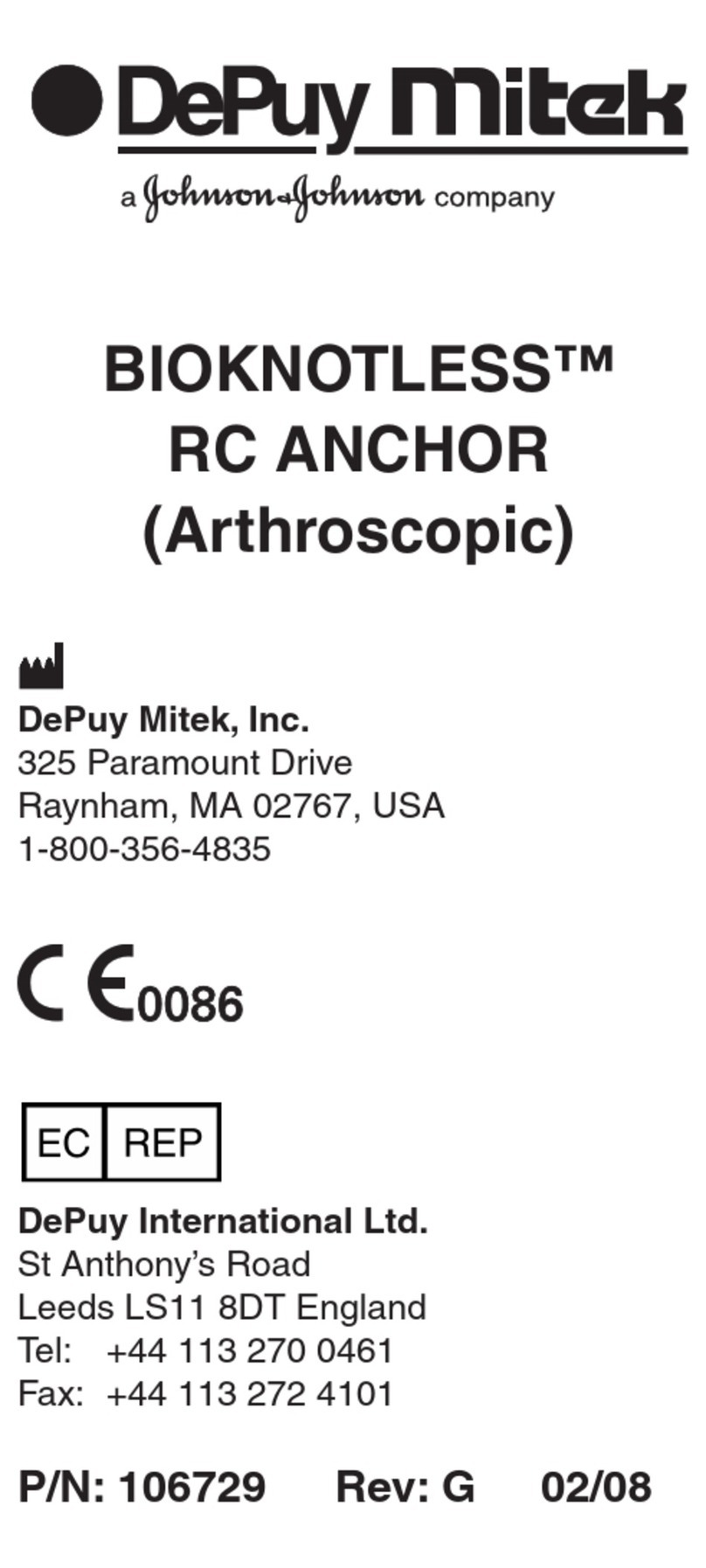 Johnson & Johnson DePuy Mitek BIOKNOTLESS RC ANCHOR User manual