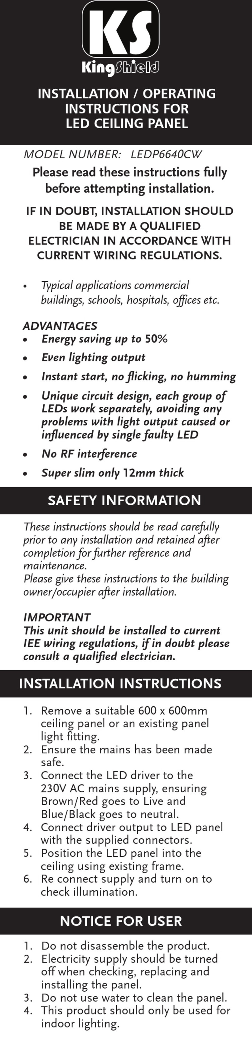 KingShield LEDP6640CW Installation & operating instructions