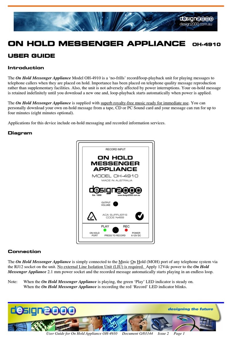 Design 2000 ON HOLD MESSENGER APPLIANCE OH-4910 user guide Design 2000 ON HOLD MESSENGER APPLIANCE OH-4910 user guide