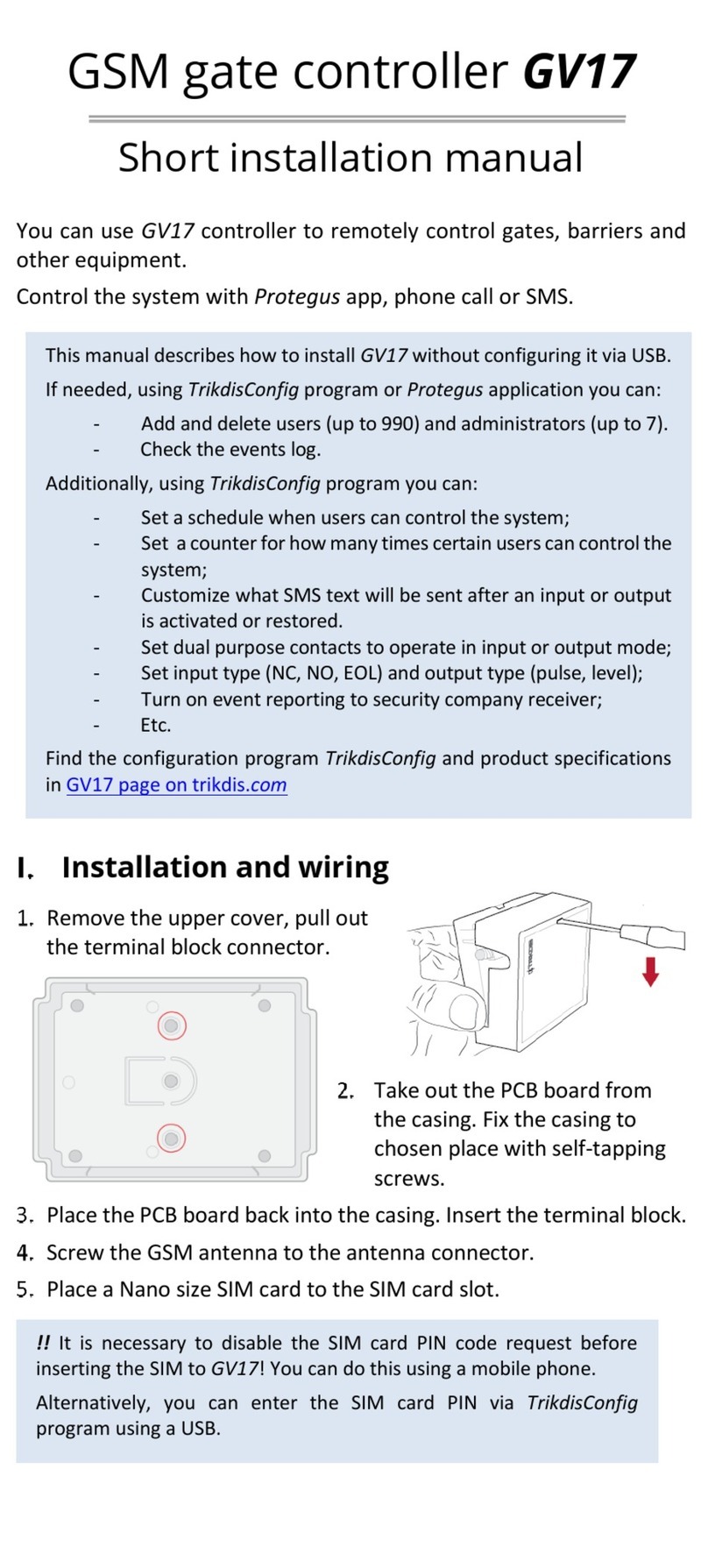 Trikdis GV17 Short installation manual