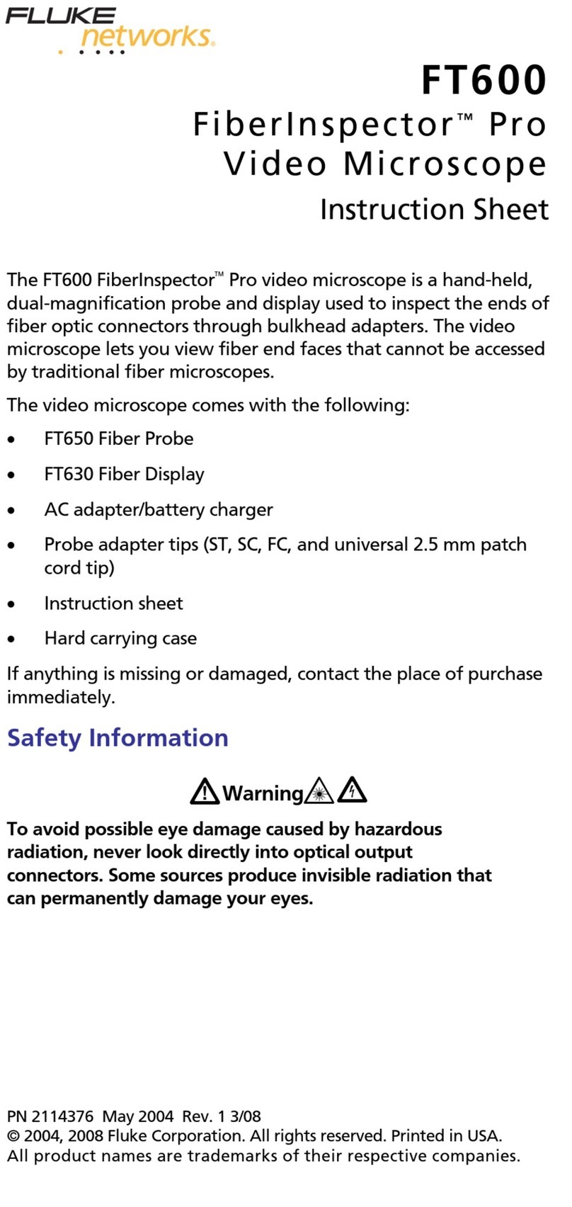 Fluke FiberInspector Pro FT600 instruction sheet