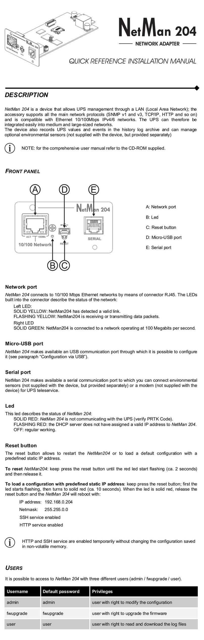 Riello NetMan 204 QUICK REFERENCE INSTALLATION MANUAL