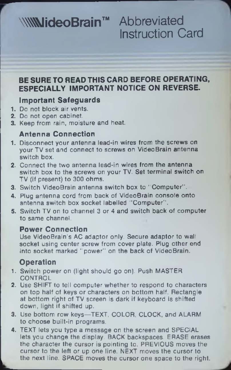 Umtech Videobrain Abbreviated Instruction Card