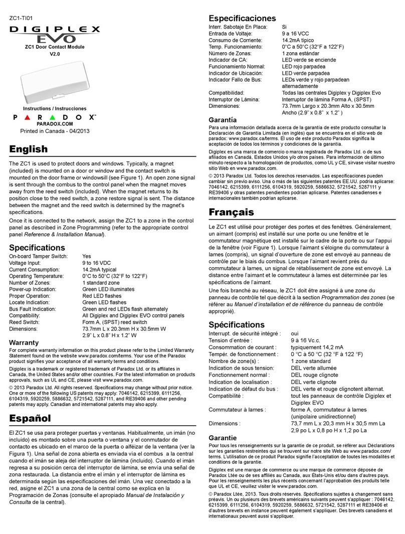 Paradox Digiplex EVO ZC1 quick start guide Paradox Digiplex EVO ZC1 quick start guide