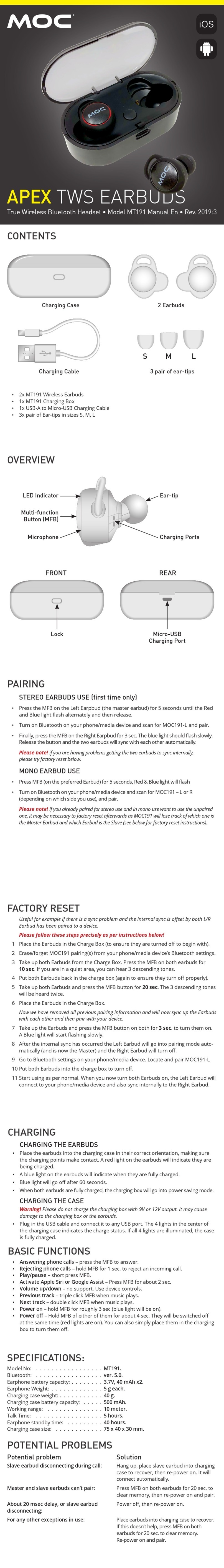MOC APEX MT191 User manual
