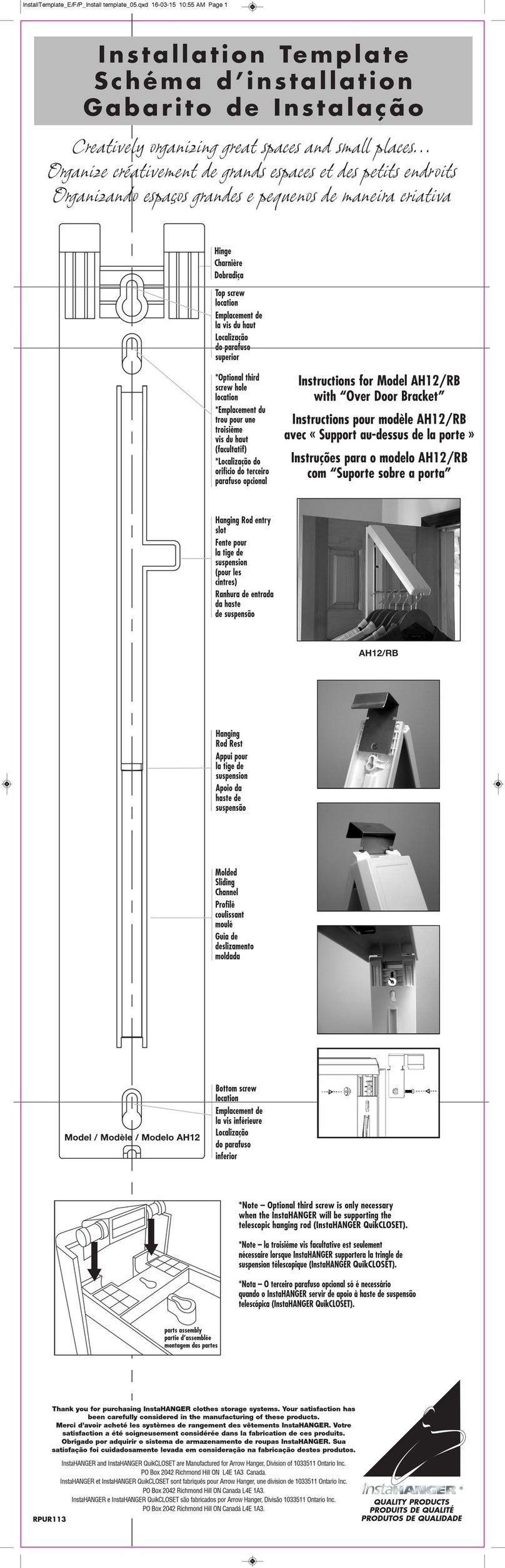 InstaHANGER AH12/RB Installation template InstaHANGER AH12/RB Installation template