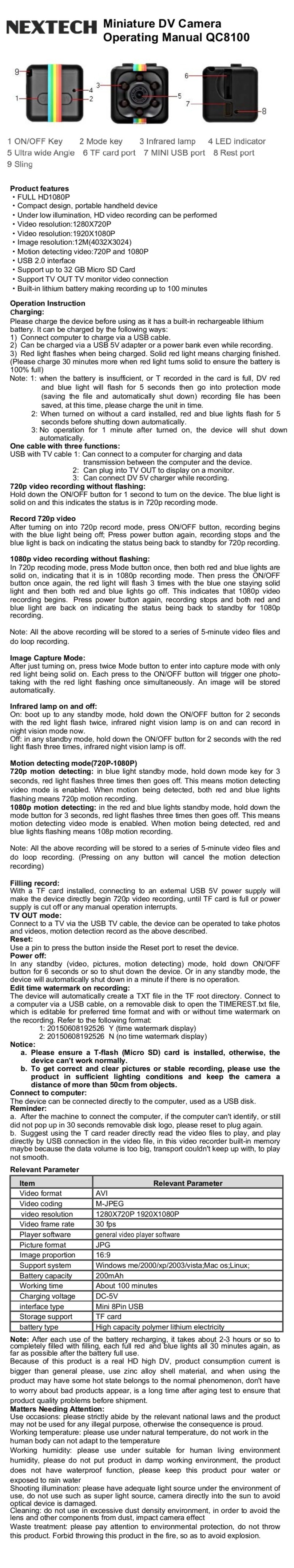 Nex-tech QC8100 operating manual