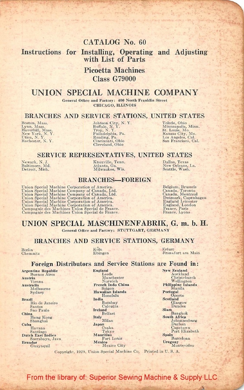 UnionSpecial Picoetta G79000 Series Instructions for Installing, Operating and Adjusting with List of Parts UnionSpecial Picoetta G79000 Series Instructions for Installing, Operating and Adjusting with List of Parts