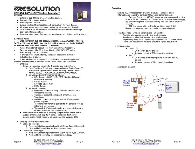 Resolution RE124DG DSC-to-GE Wireless Translator quick guide