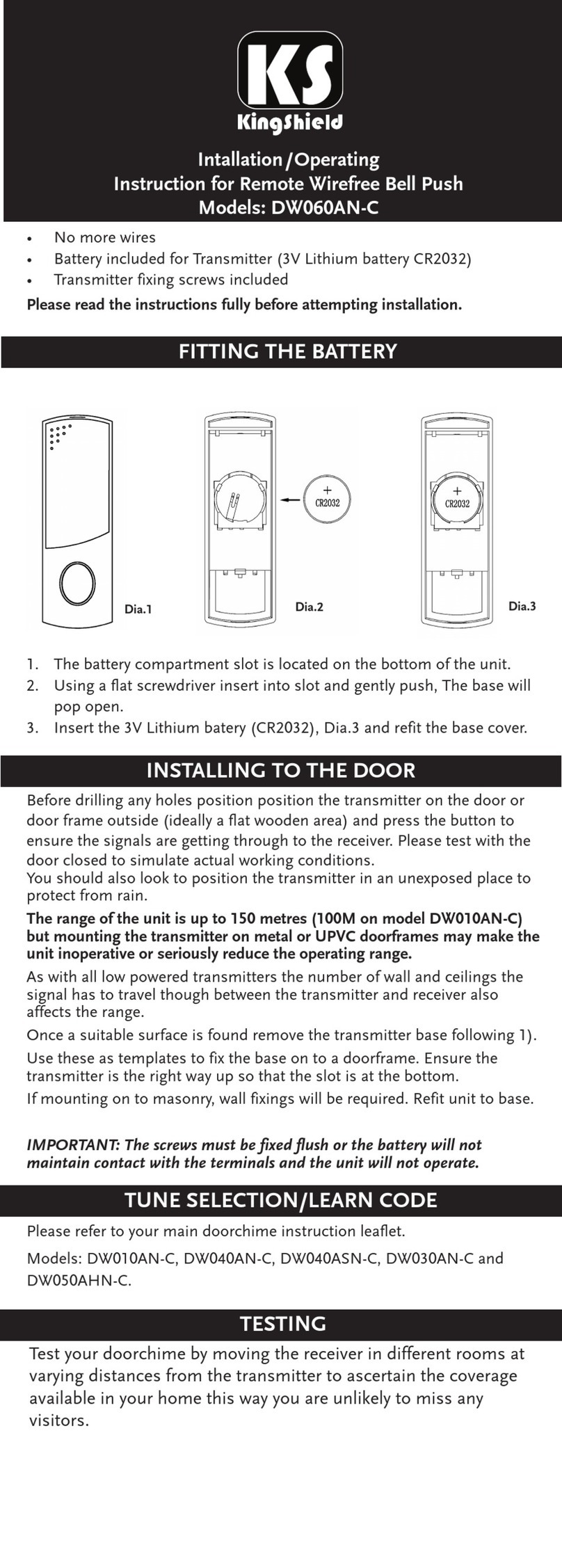 KingShield DW060AN-C Installation & operating instruction
