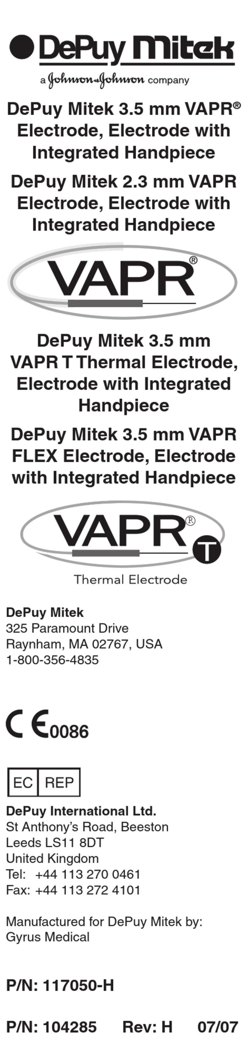 Johnson & Johnson DePuy Mitek 3.5 mm VAPR T User manual Johnson & Johnson DePuy Mitek 3.5 mm VAPR T User manual