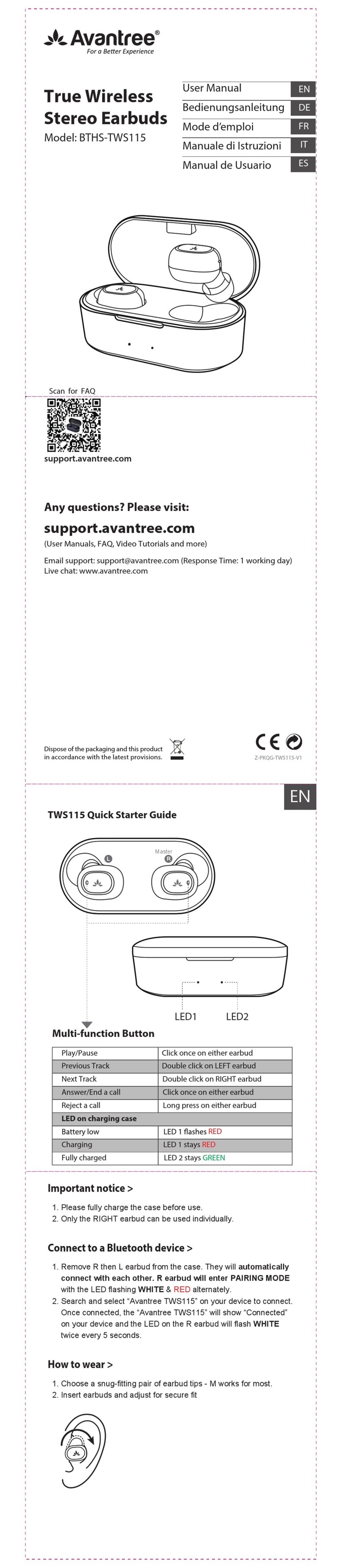 Avantree BTHS-TWS115 user manual