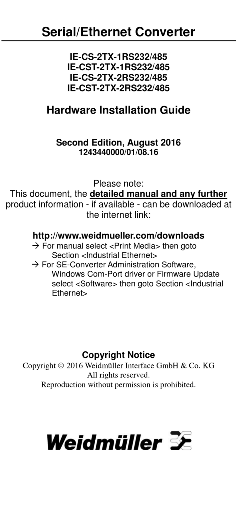 Weidmuller IE-CS-2TX-1RS232/485 Hardware installation guide