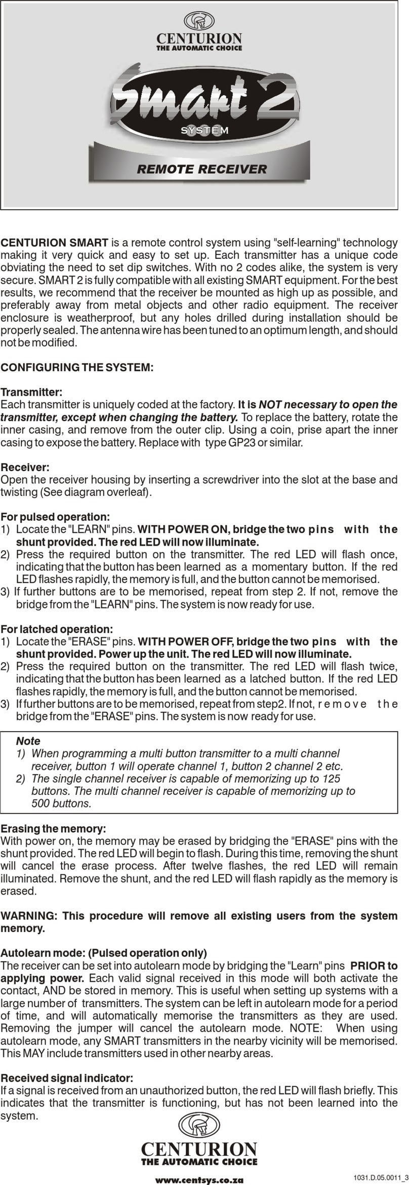 Centurion Smart 2  Rx Installation instructions & owner's manual