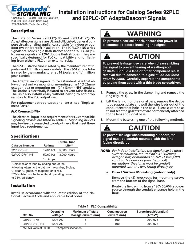 Edwards Signals AdaptaBeacon 92PLC Series installation instructions Edwards Signals AdaptaBeacon 92PLC Series installation instructions