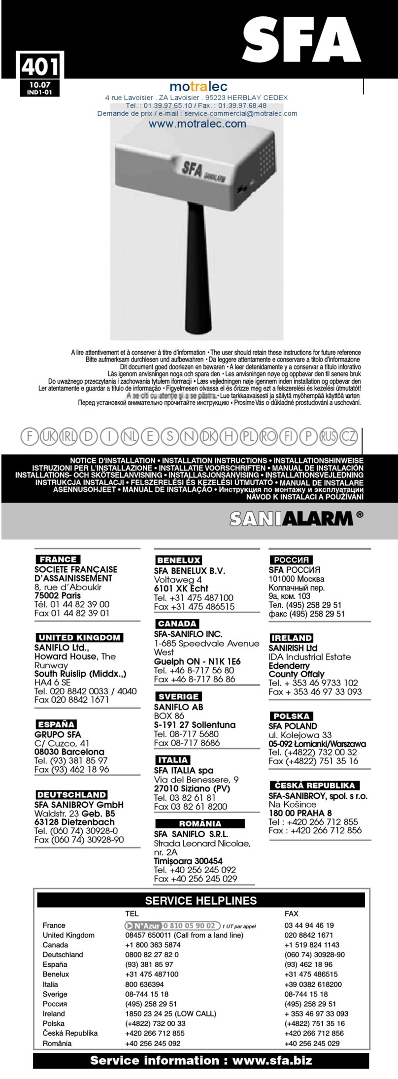 SFA SANIALARM Installation instruction