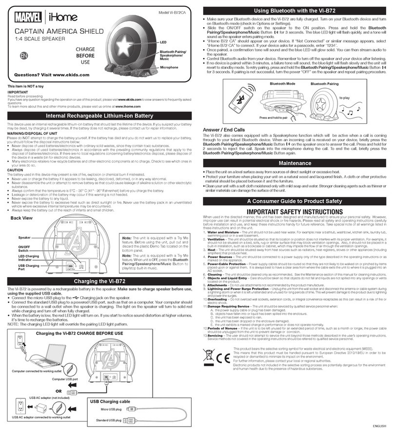eKids MARVEL iHome Vi-B72CA quick start guide