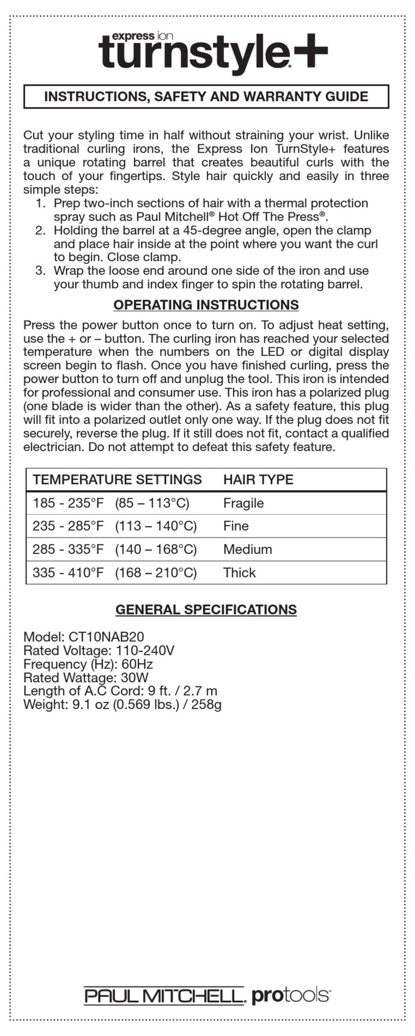 Paul Mitchell Pro Tools turnstyle+ INSTRUCTIONS, SAFETY AND WARRANTY GUIDE