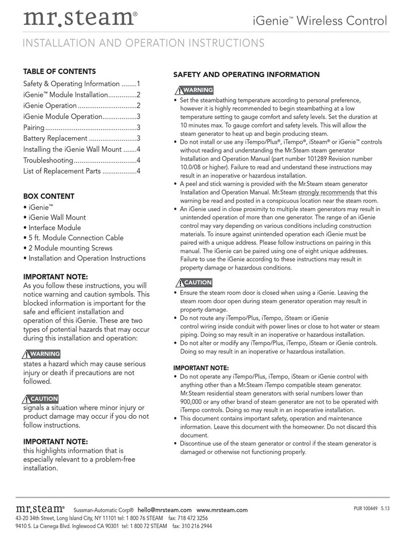 mr. steam iGenie 104129 Installation and operation instructions