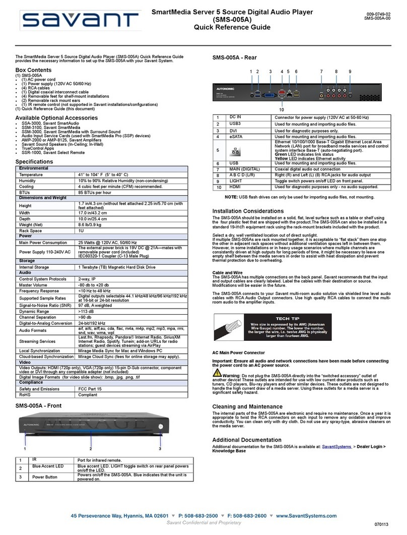Savant SmartMedia SMS-005A Quick reference guide