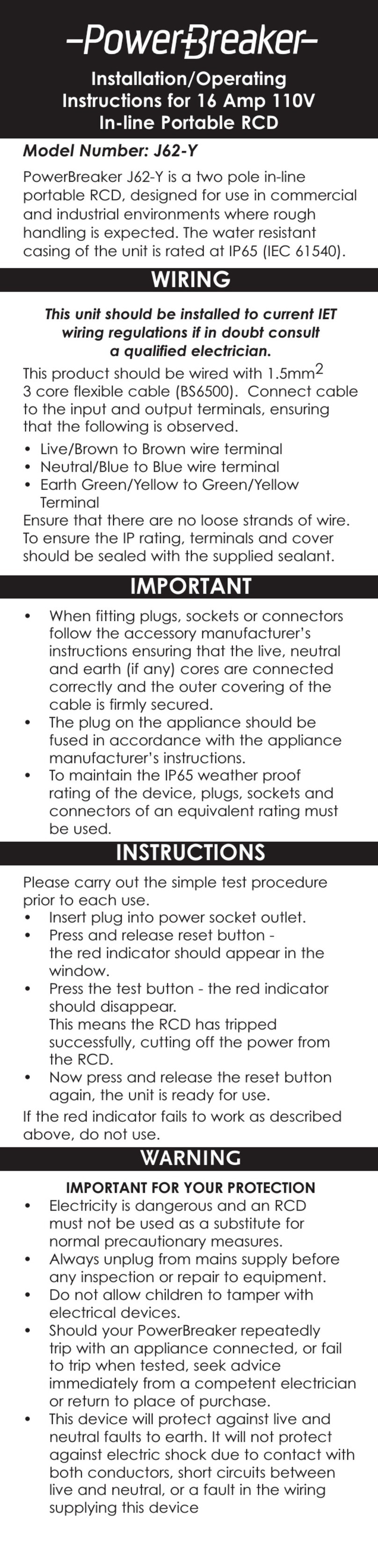 Green Brook PowerBreaker J62-Y Installation & operating instructions