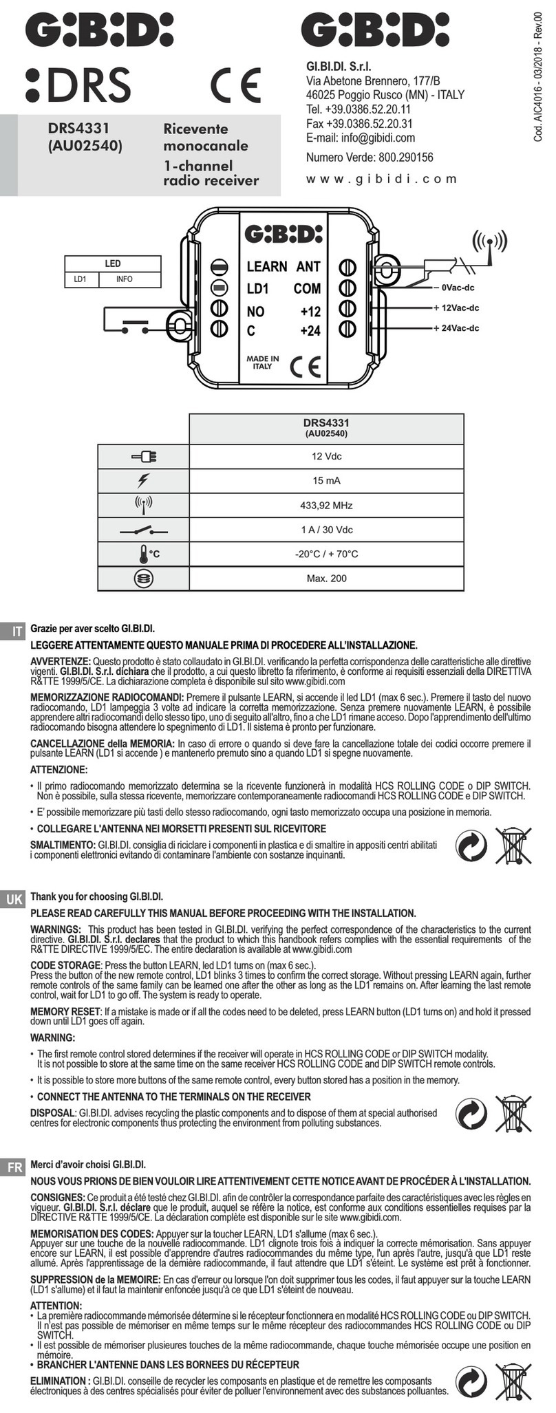 GiBiDi DRS4331 quick start guide