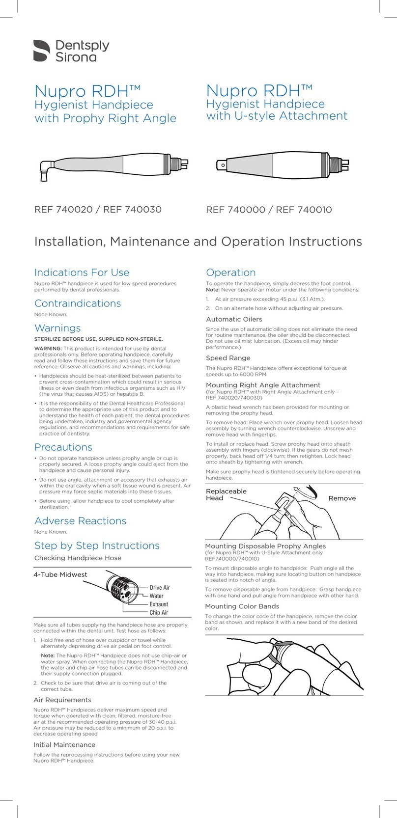 Dentsply Sirona Nupro RDH 740000 Installation, maintenance and operation instructions