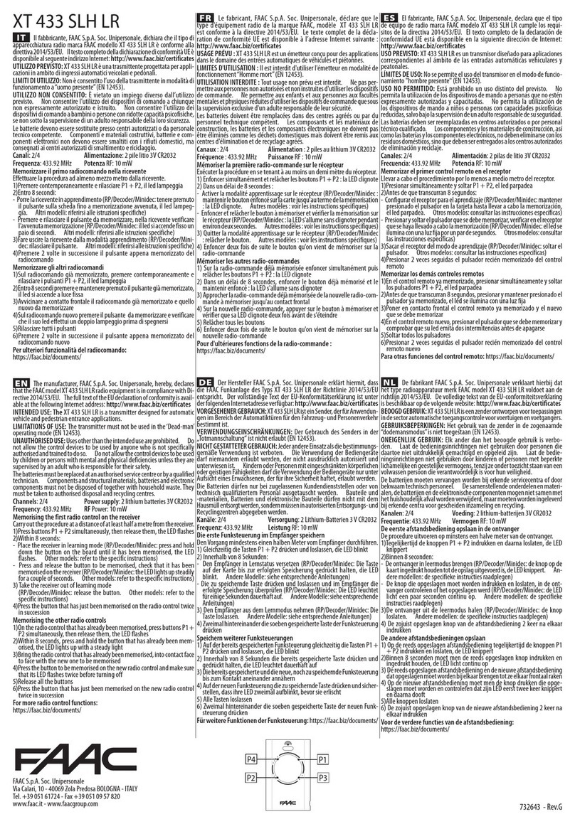 FAAC XT 433 SLH LR quick start guide