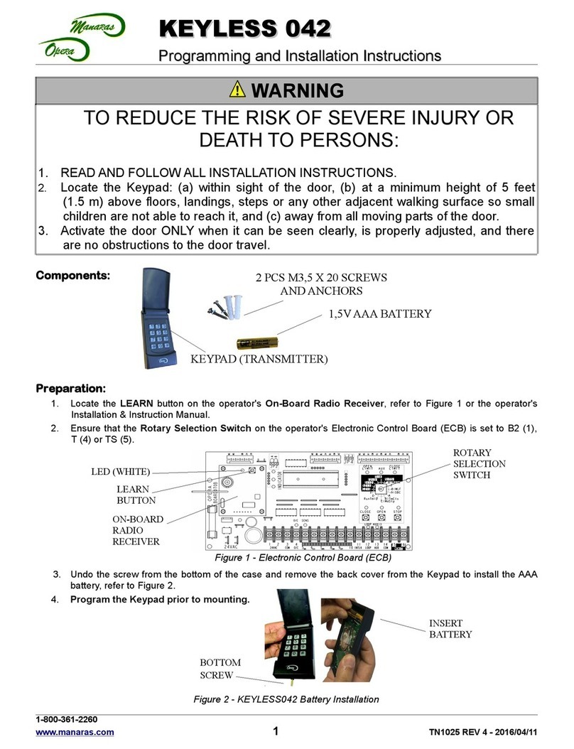 Manaras Opera KEYLESS 042 Programming and installation instructions