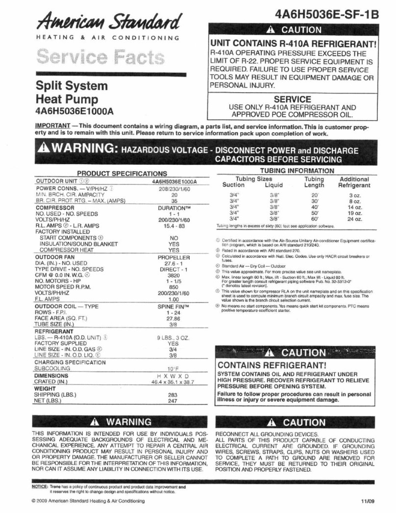 American Standard 4A6H5036E1000A Service facts