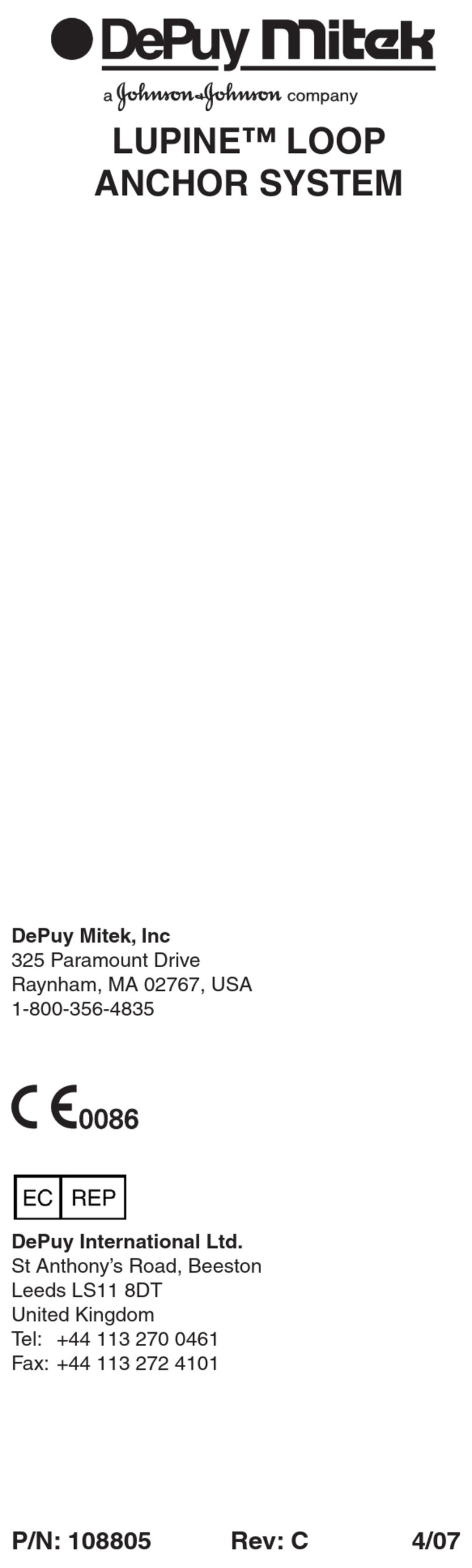 Johnson & Johnson DePuy Mitek LUPINE User manual